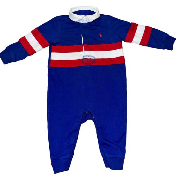 Baby Boy Polo Ralph Lauren preppy rugby one piece red white and blue size 6 mon - Picture 1 of 4
